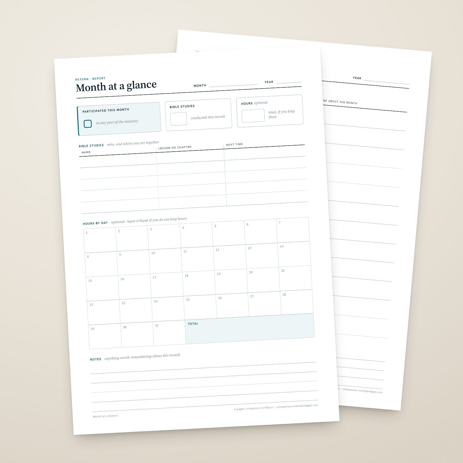 Month at a Glance sheet with a 31-day grid